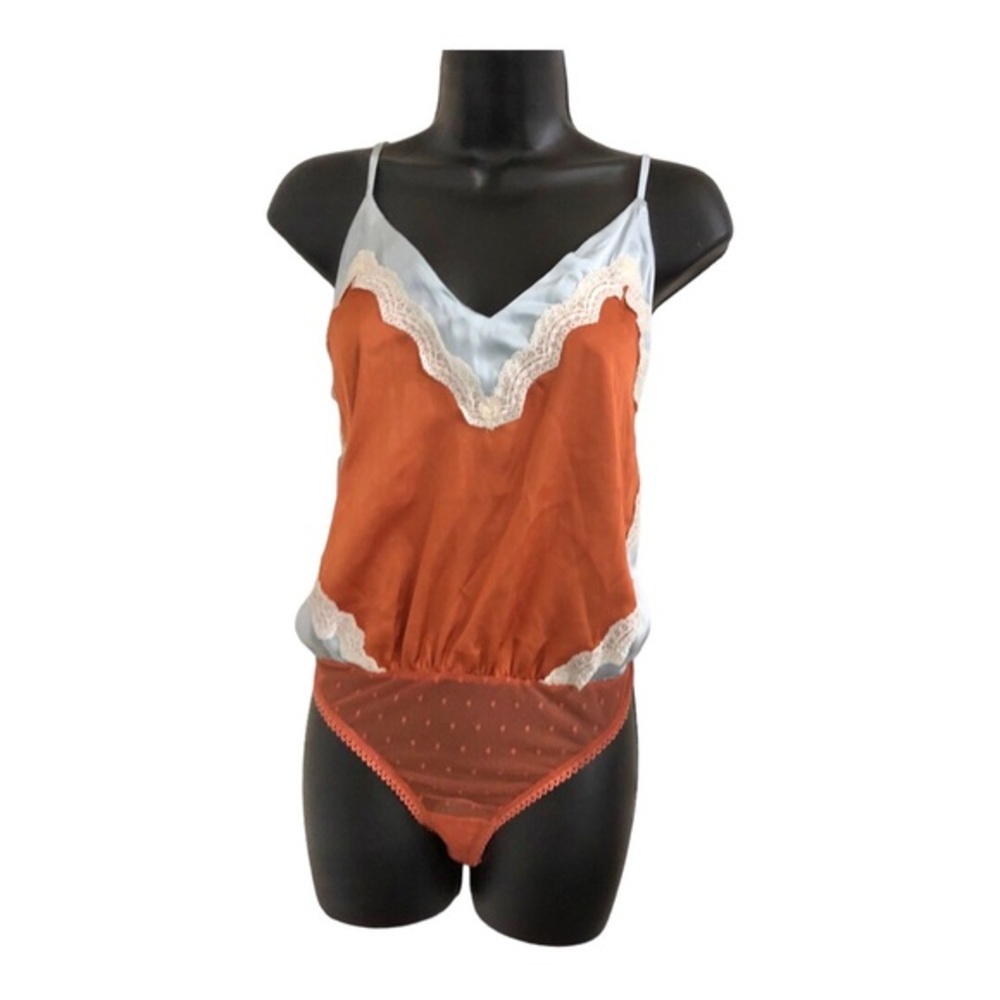 Free People intimately free satin effect lace trim v-neck sheer bodysuit size S‎
